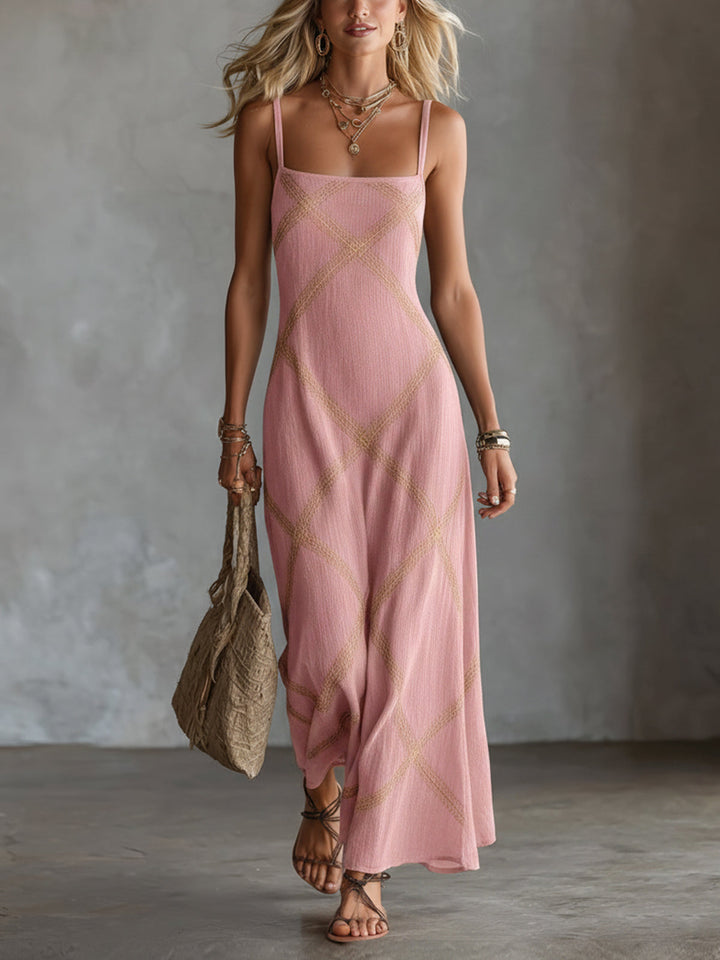ElevenOra Chic Elegant Black-Camel Geometrical Printed Spaghetti Straps Square-Neck Sleeveless A-Line Maxi Dress