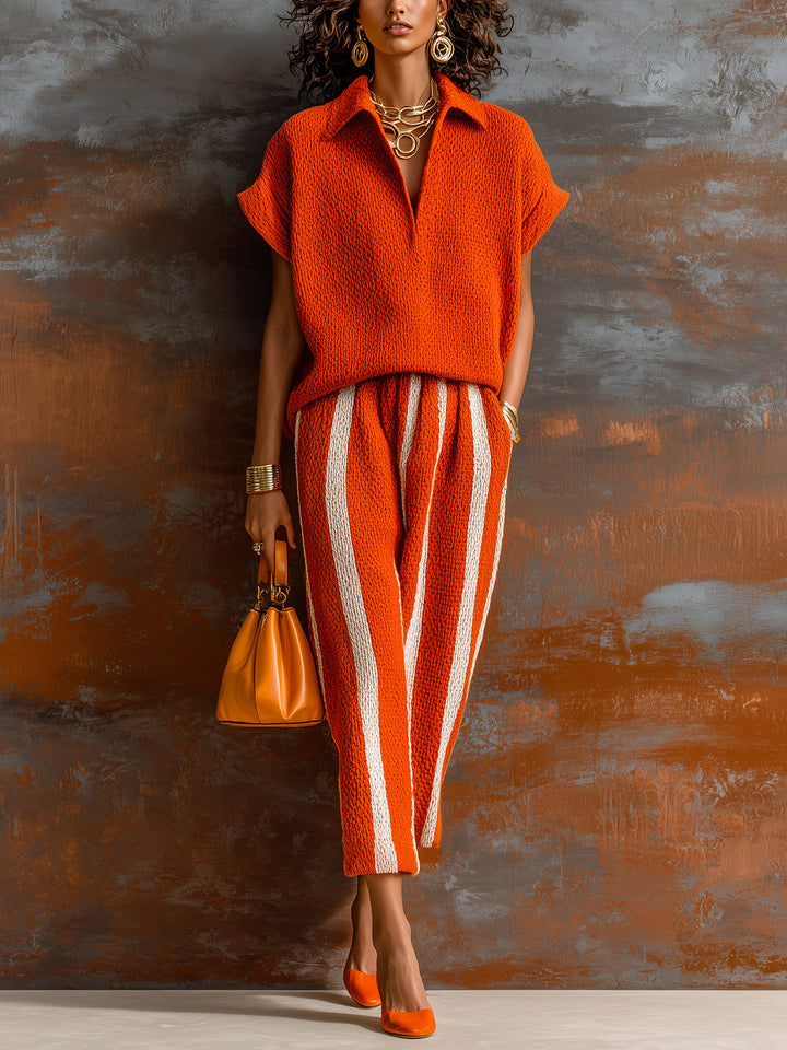 ElevenOra Chic Elegant Orange-White Colorblock Lapel V-Neck Short-Sleeve Loose-Fit Sweater Elastic-Waist Pants Knit Two-Piece Set