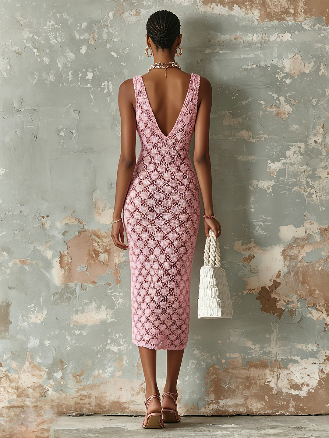 ElevenOra Chic Elegant Pink V-Neck Sleeveless Slim-Fit Hollow-Out Knit Midi Dress