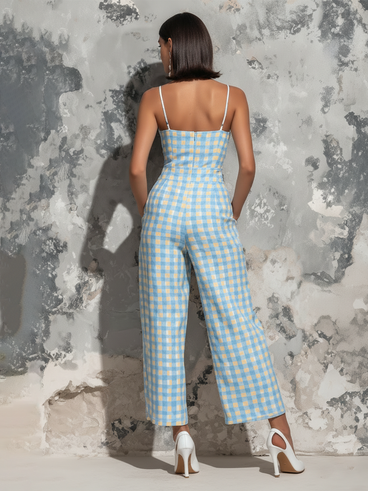 ElevenOra Chic Elegant Light Blue Gingham Check Cotton Blend Spaghetti Straps Square Neck Sleeveless Tailored-Waist Loose-Fit Wide-Leg Cropped Jumpsuit