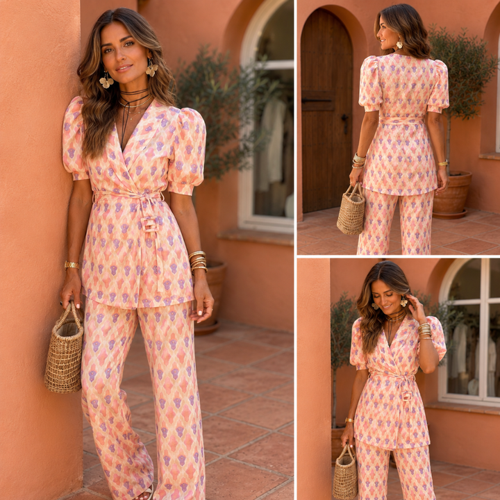 Araceli™ | Conjunto Estampado con Blazer y Pantalón Acampanado