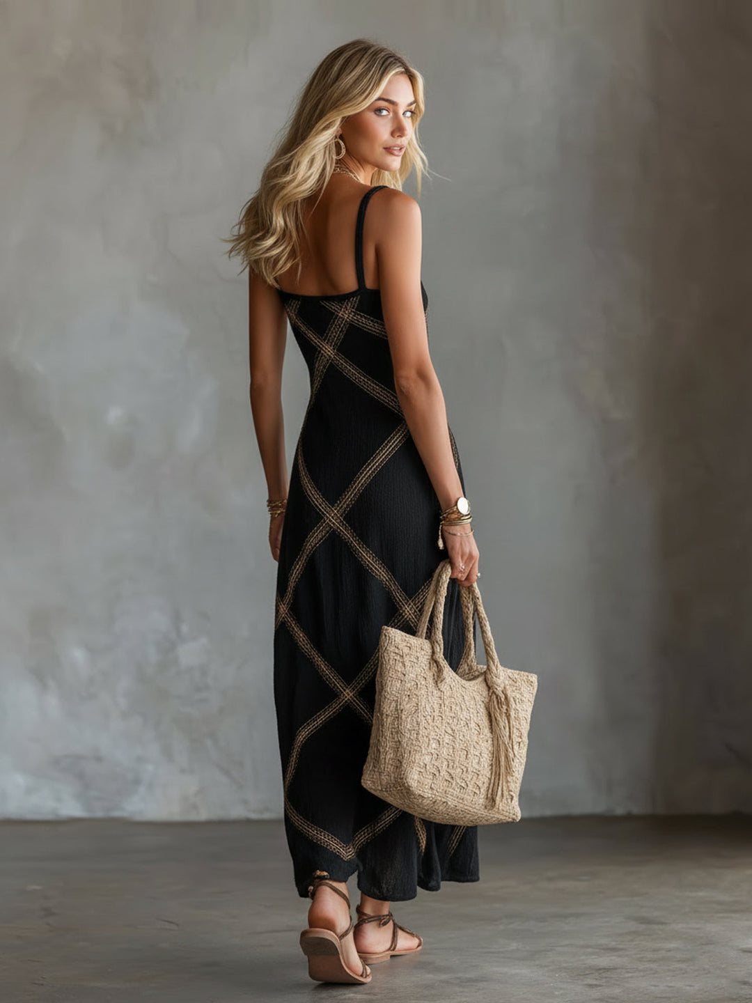 ElevenOra Chic Elegant Black-Camel Geometrical Printed Spaghetti Straps Square-Neck Sleeveless A-Line Maxi Dress