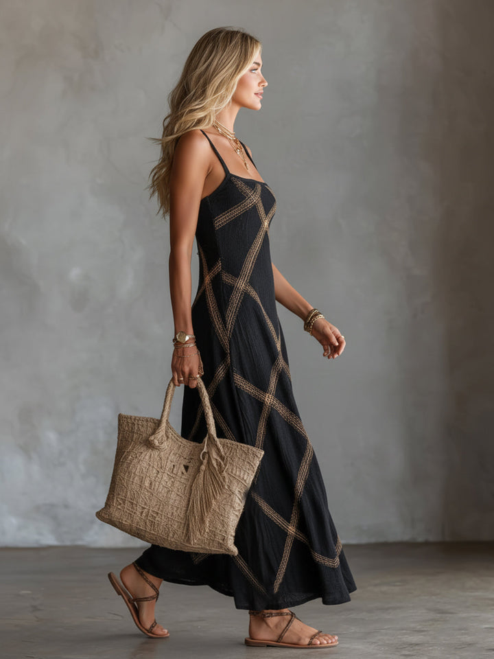 ElevenOra Chic Elegant Black-Camel Geometrical Printed Spaghetti Straps Square-Neck Sleeveless A-Line Maxi Dress