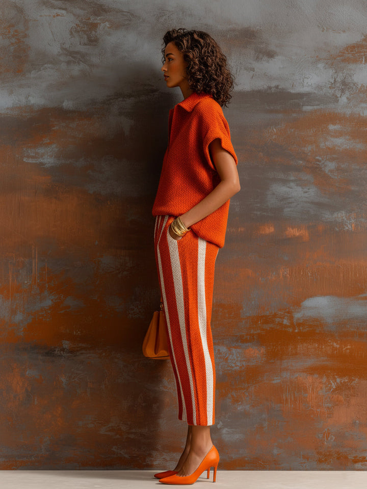 ElevenOra Chic Elegant Orange-White Colorblock Lapel V-Neck Short-Sleeve Loose-Fit Sweater Elastic-Waist Pants Knit Two-Piece Set