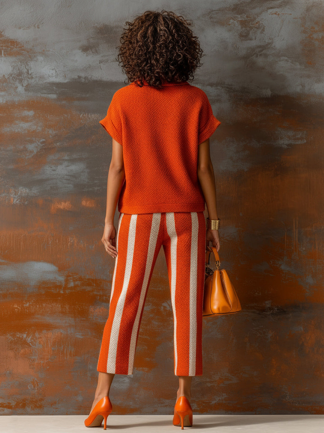 ElevenOra Chic Elegant Orange-White Colorblock Lapel V-Neck Short-Sleeve Loose-Fit Sweater Elastic-Waist Pants Knit Two-Piece Set