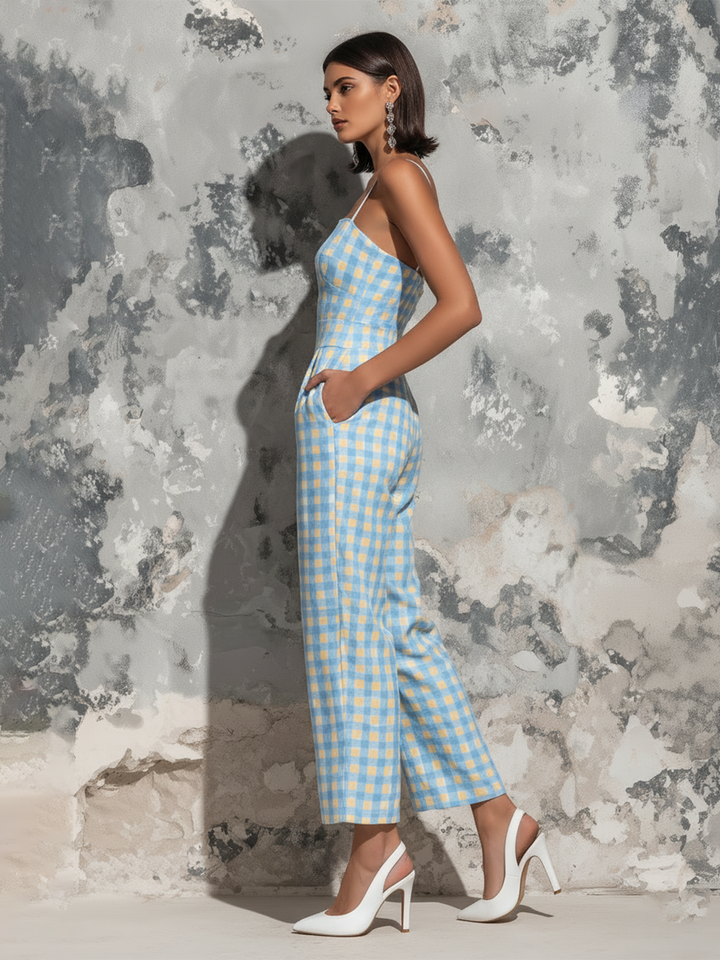 ElevenOra Chic Elegant Light Blue Gingham Check Cotton Blend Spaghetti Straps Square Neck Sleeveless Tailored-Waist Loose-Fit Wide-Leg Cropped Jumpsuit