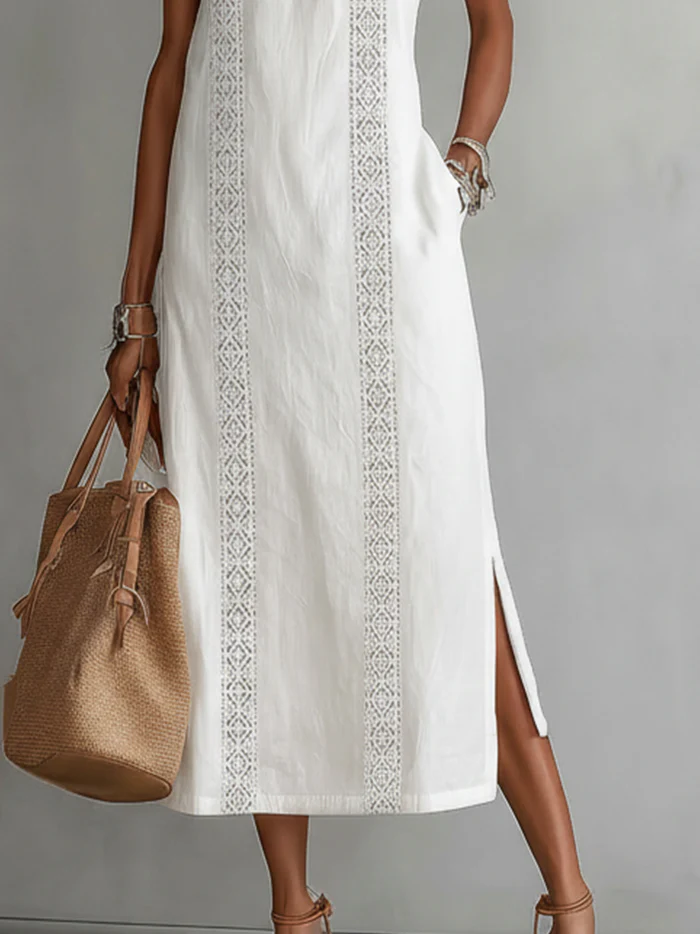 VEGA™ | VESTIDO MIDI DE LINO CUELLO MAO