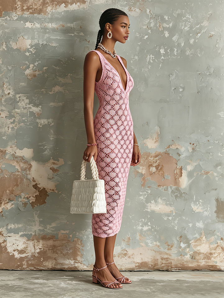 ElevenOra Chic Elegant Pink V-Neck Sleeveless Slim-Fit Hollow-Out Knit Midi Dress